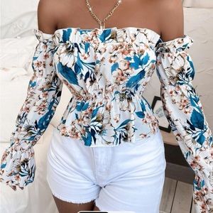 Floral Bardot Flounce Sleeve Peplum Blouse